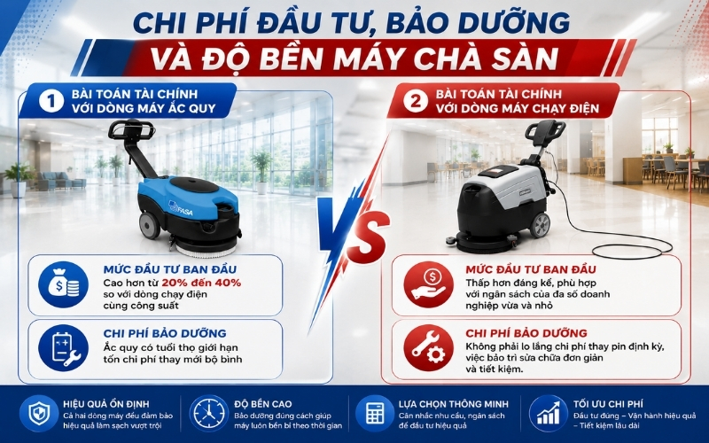 Chi phí đầu tư, bảo dưỡng và độ bền máy chà sàn