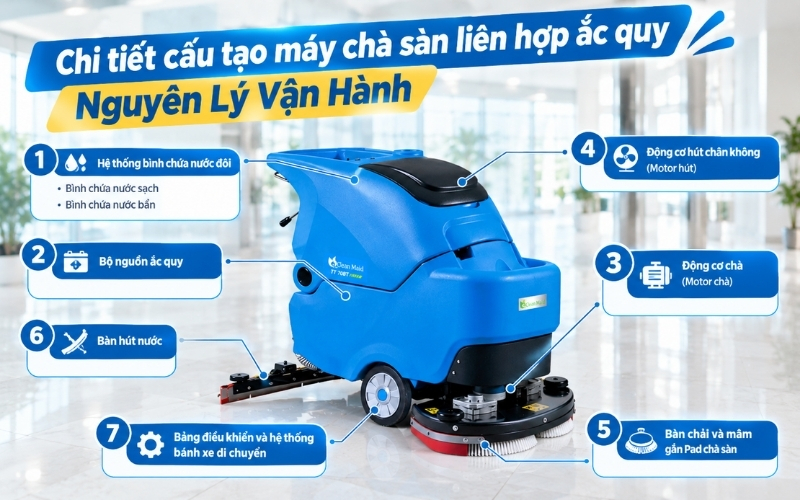Chi tiết cấu tạo máy chà sàn liên hợp ắc quy