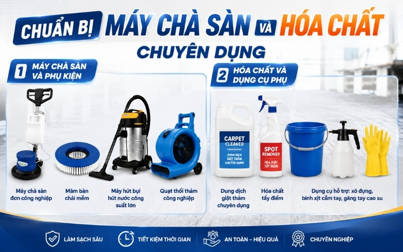 Chuẩn bị máy chà sàn và hóa chất chuyên dụng