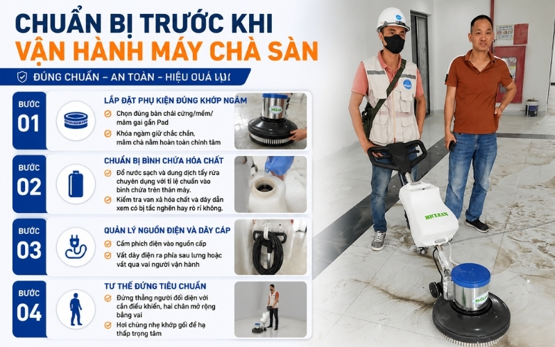 Chuẩn bị trước khi vận hành máy chà sàn