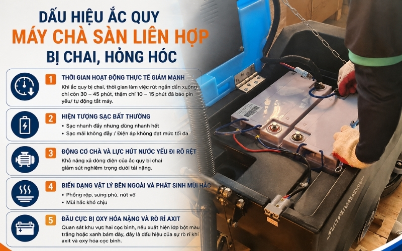 Dấu hiệu ắc quy máy chà sàn liên hợp bị chai, hỏng hóc