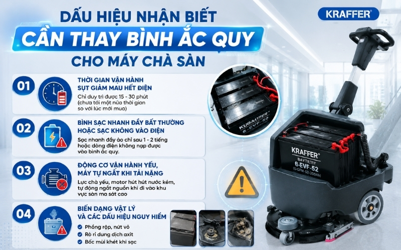 Dấu hiệu nhận biết cần thay bình ắc quy cho máy chà sàn