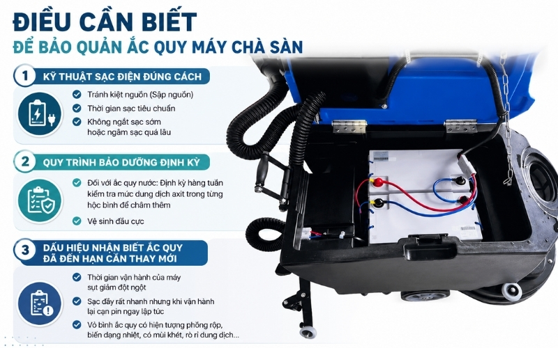 Điều cần biết để bảo quản ắc quy máy chà sàn