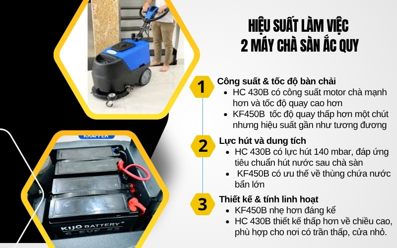 Hiệu suất làm việc 2 máy chà sàn ắc quy