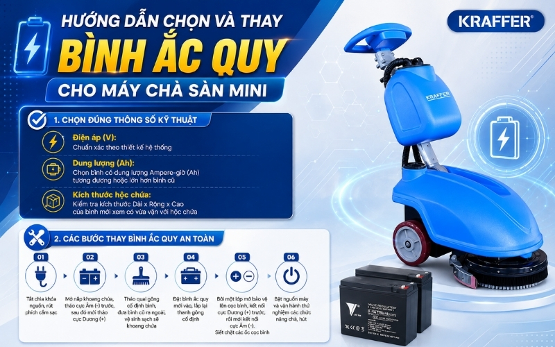 Hướng dẫn chọn và thay bình ắc quy cho máy chà sàn mini
