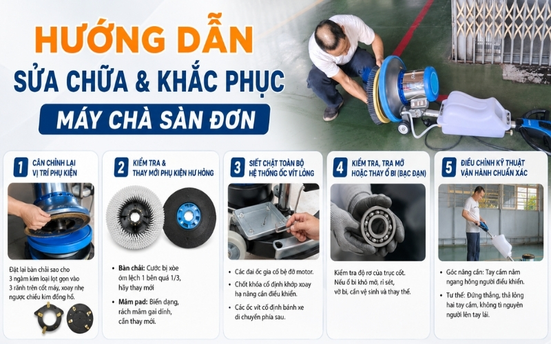 Hướng dẫn sửa chữa & khắc phục máy chà sàn đơn