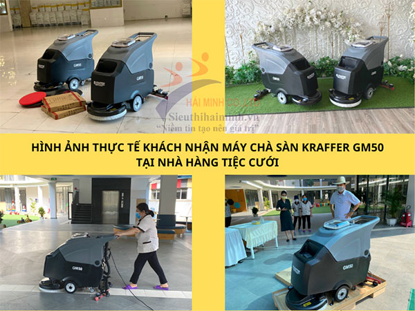 Khách nhận máy chà sàn Kraffer GM50 tại nhà hàng tiệc cưới