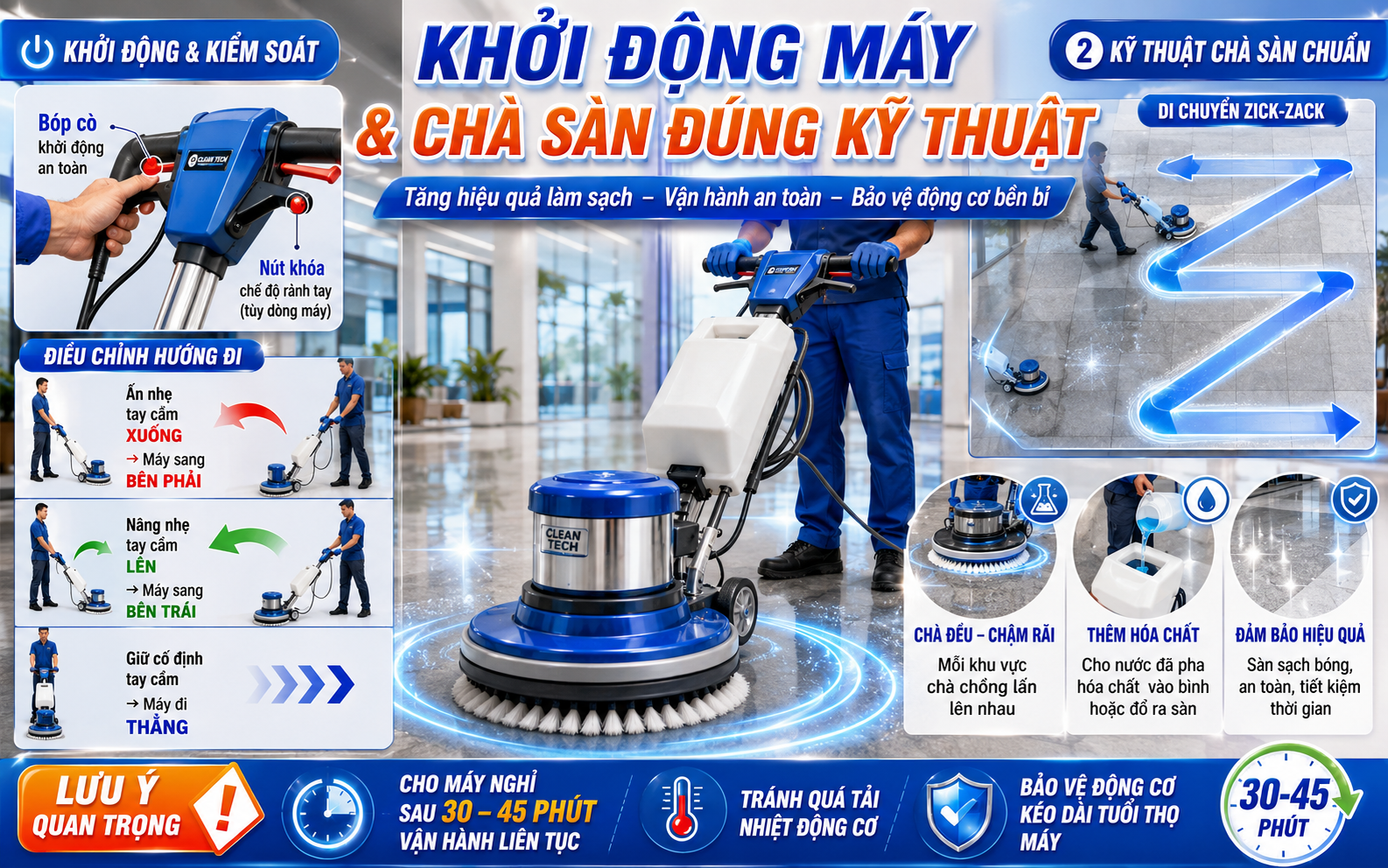 Khởi động máy và tiến hành chà sàn