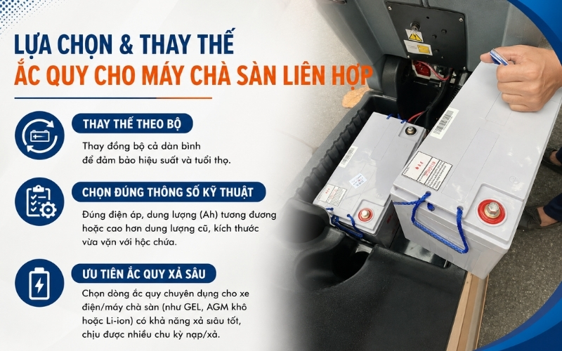 Lựa chọn & thay thế ắc quy cho máy chà sàn liên hợp