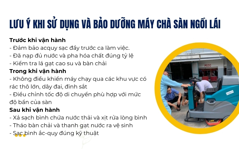 Lưu ý khi sử dụng và bảo dưỡng máy chà sàn ngồi lái
