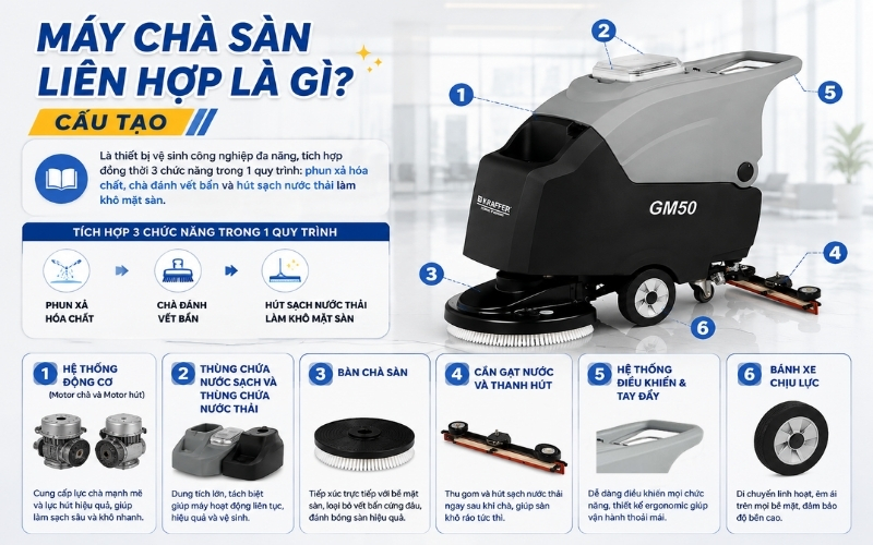 Máy chà sàn liên hợp là gì Cấu tạo