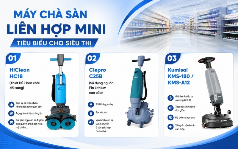 Máy chà sàn liên hợp mini tiêu biểu cho siêu thị