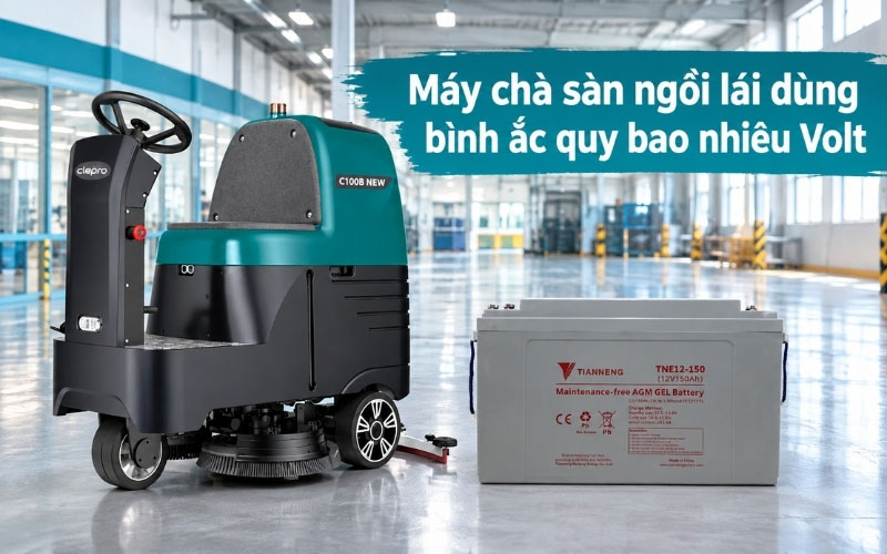 Máy chà sàn ngồi lái dùng bình ắc quy bao nhiêu Volt