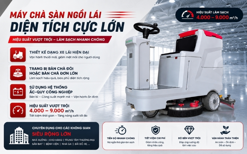Máy chà sàn ngồi lái – diện tích cực lớn