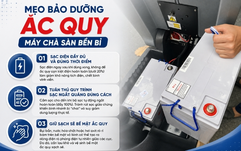 Mẹo bảo dưỡng ắc quy máy chà sàn bền bỉ