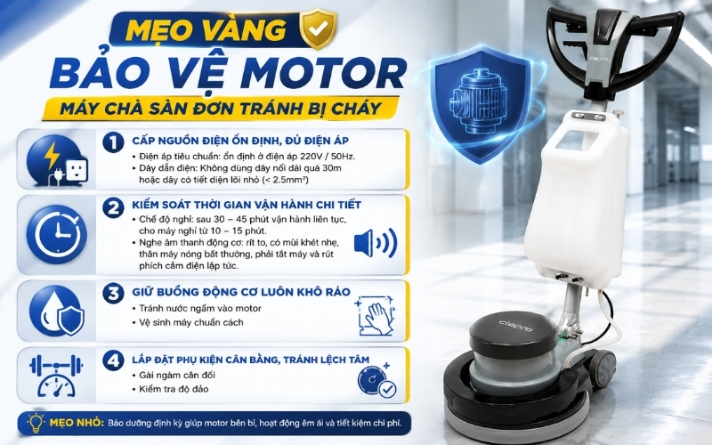 Mẹo vàng bảo vệ motor máy chà sàn đơn tránh bị cháy