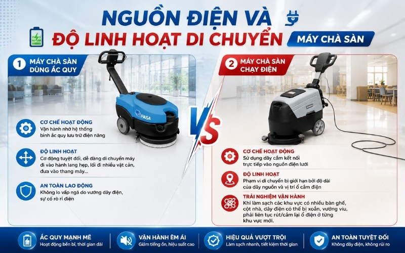 Nguồn điện và độ linh hoạt di chuyển máy chà sàn