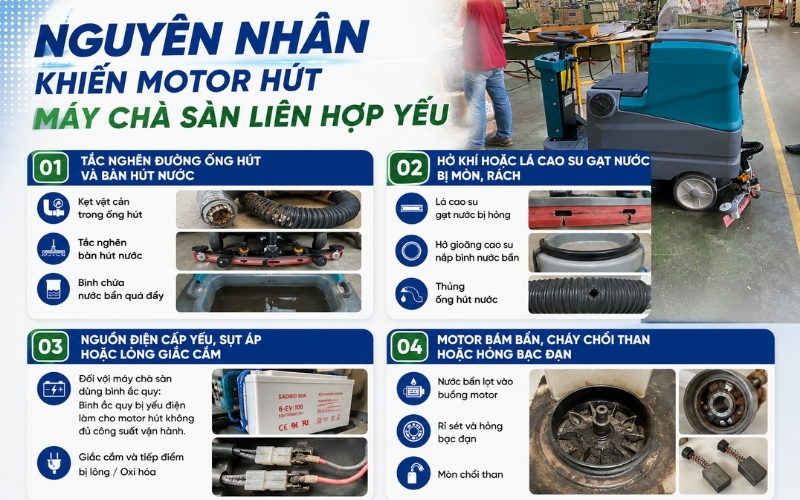 Nguyên nhân khiến motor hút máy chà sàn liên hợp yếu