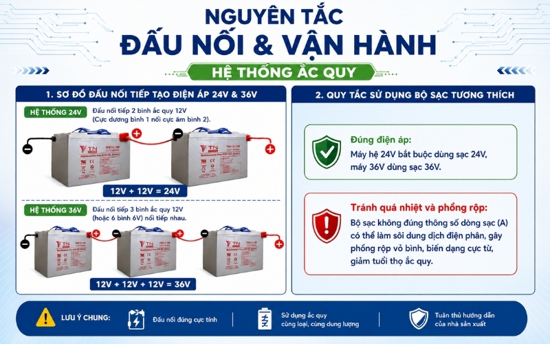 Nguyên tắc đấu nối và vận hành hệ thống ắc quy