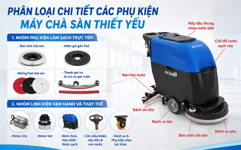 Phân loại chi tiết các phụ kiện máy chà sàn thiết yếu