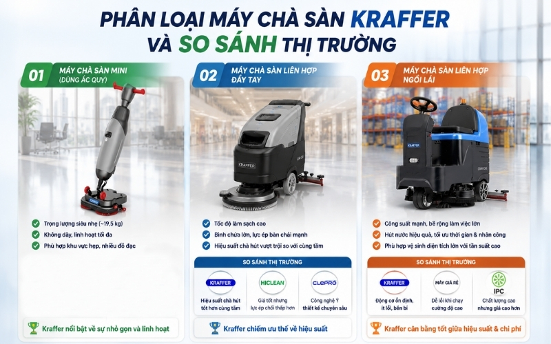 Phân loại máy chà sàn Kraffer và so sánh thị trường