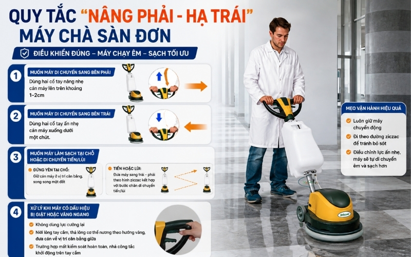Quy tắc nâng phải - hạ trái” máy chà sàn đơn
