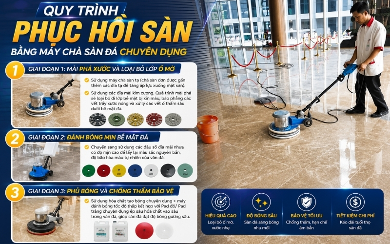 Quy trình phục hồi sàn bằng máy chà sàn đá chuyên dụng