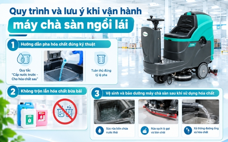 Quy trình và lưu ý khi vận hành máy chà sàn ngồi lái