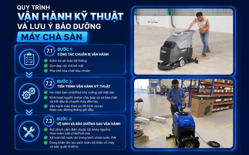 Quy trình vận hành kỹ thuật và lưu ý bảo dưỡng máy chà sàn