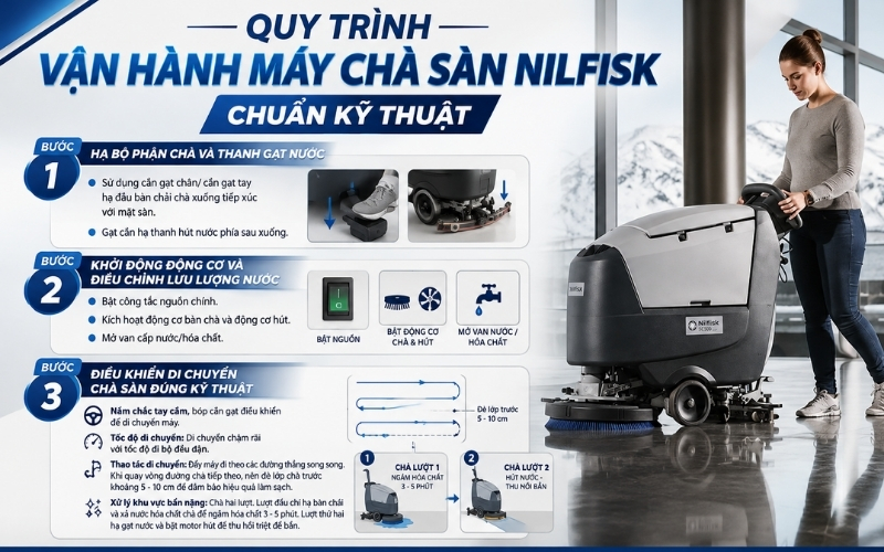 Quy trình vận hành máy chà sàn Nilfisk chuẩn kỹ thuật