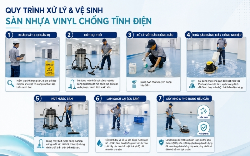 Quy trình xử lý và vệ sinh sàn nhựa vinyl chống tĩnh điện