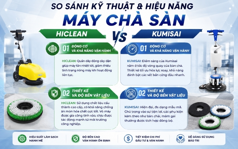 So sánh kỹ thuật và hiệu năng máy chà sàn Hiclean và Kumisai