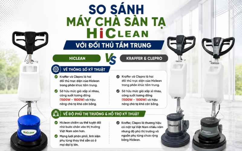 So sánh máy chà sàn tạ Hiclean với đối thủ tầm trung