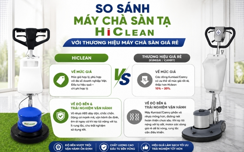So sánh máy chà sàn tạ Hiclean với thương hiệu máy chà sàn giá rẻ