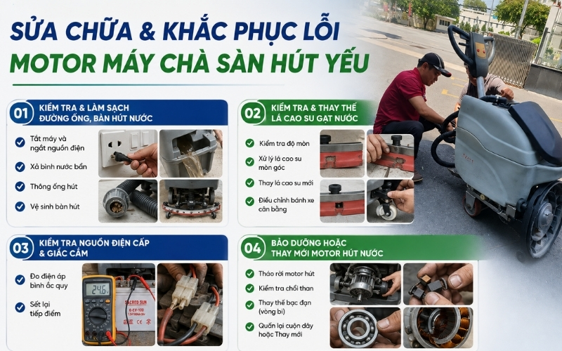 Sửa chữa & khắc phục lỗi motor máy chà sàn hút yếu