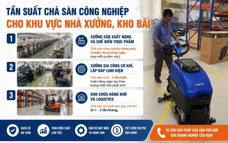 Tần suất chà sàn công nghiệp cho khu vực nhà xưởng, kho bãi