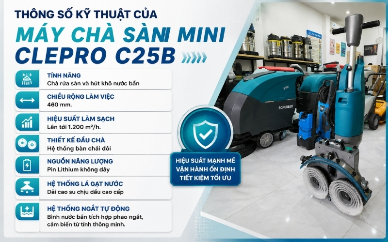 Thông số kỹ thuật của máy chà sàn mini Clepro C25B