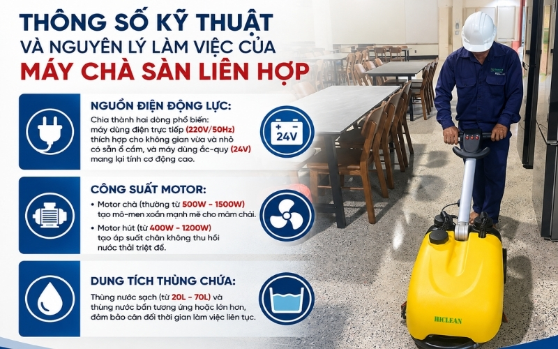 Thông số kỹ thuật và nguyên lý làm việc của máy chà sàn liên hợp