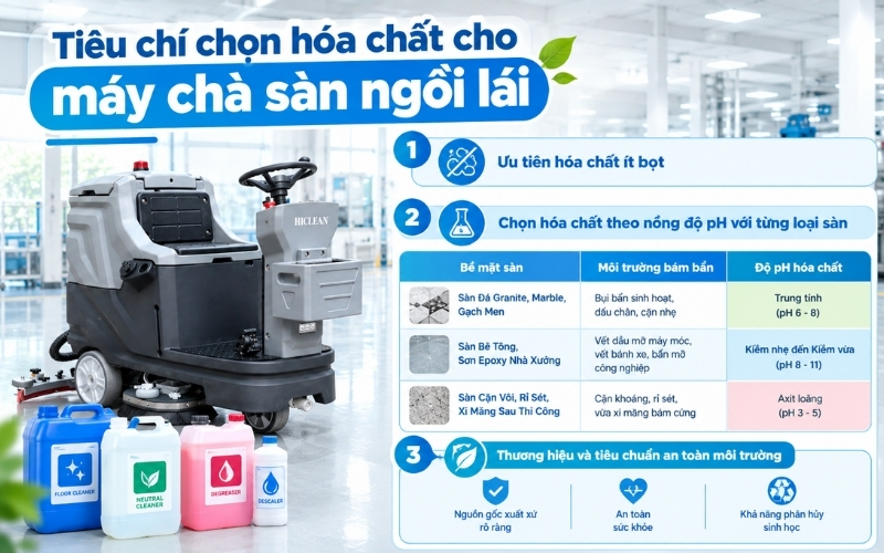Tiêu chí chọn hóa chất cho máy chà sàn ngồi lái