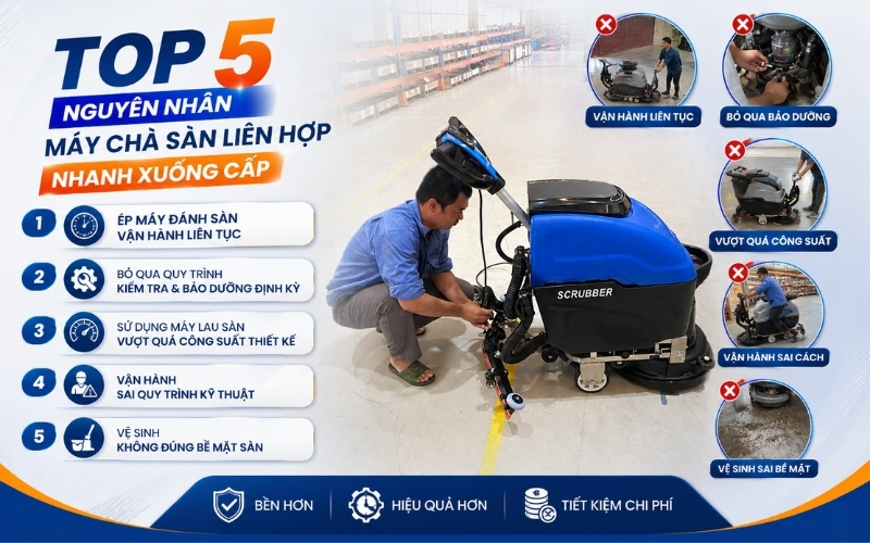 Top 5 nguyên nhân máy chà sàn liên hợp nhanh xuống cấp