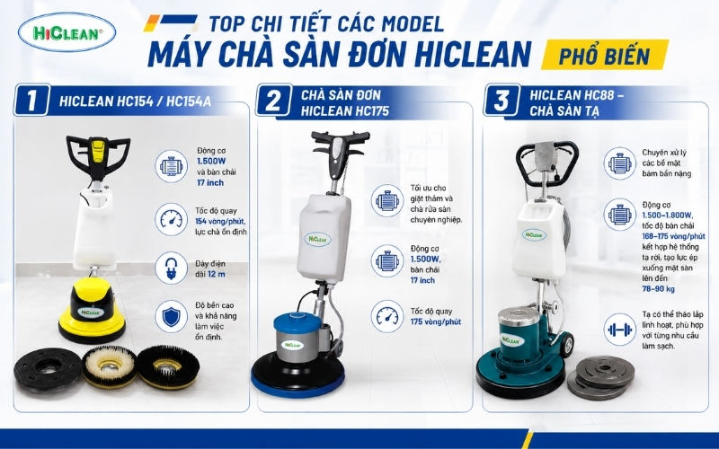 Top chi tiết các model máy chà sàn đơn Hiclean phổ biến