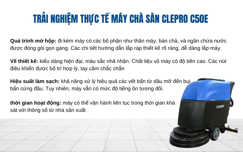 Trải nghiệm thực tế máy chà sàn Clepro C50E