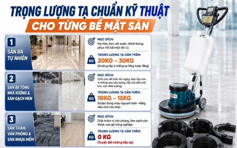 Trọng lượng tạ chuẩn kỹ thuật cho từng bề mặt sàn