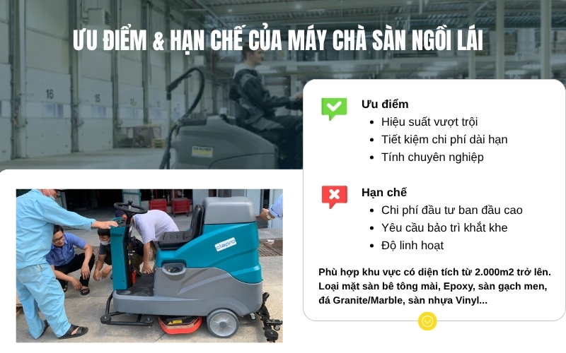  Ưu điểm & hạn chế của máy chà sàn ngồi lái