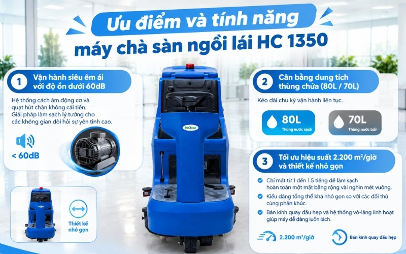 Ưu điểm và tính năng máy chà sàn ngồi lái HC 1350