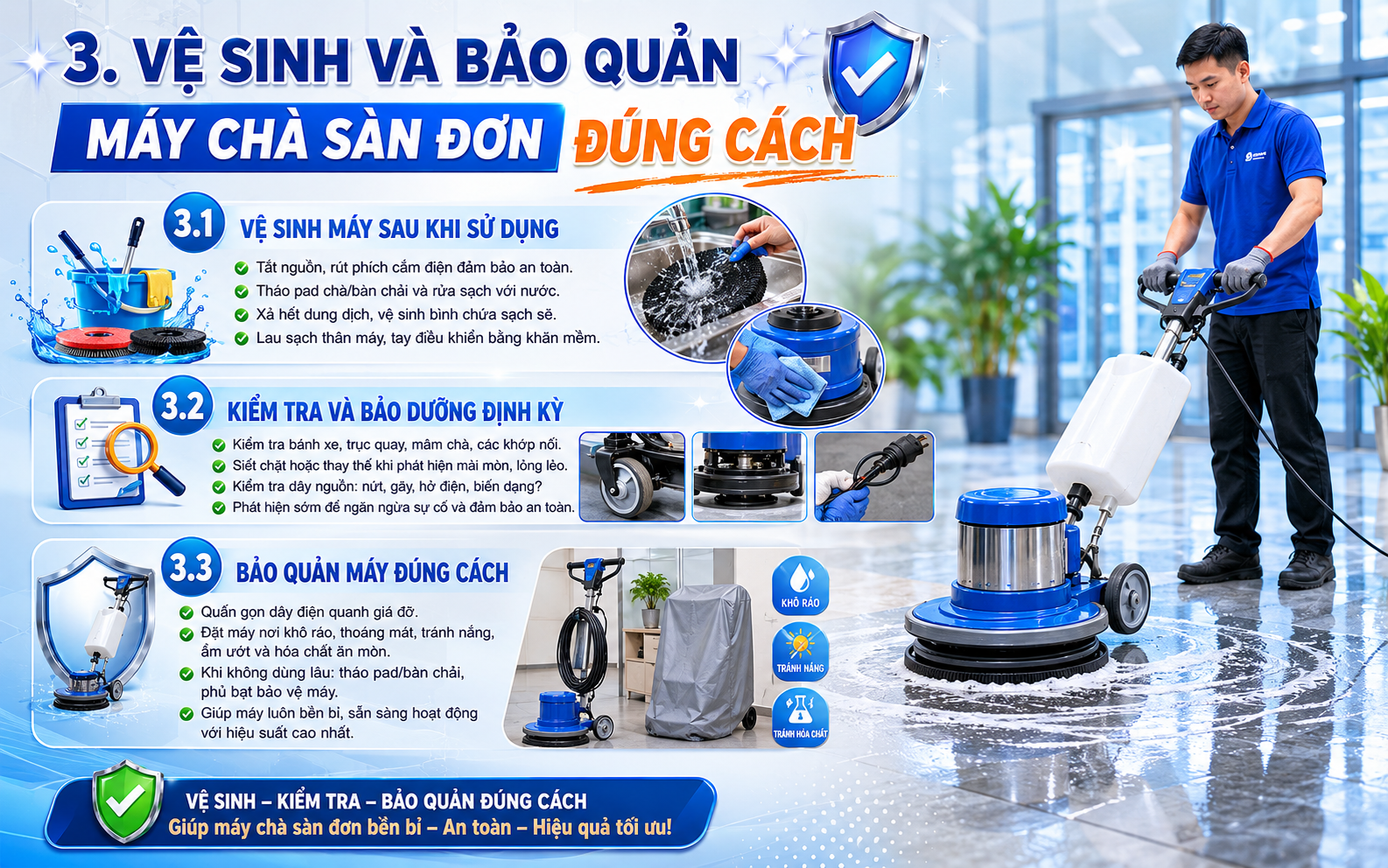 Vệ sinh và bảo quản máy chà sàn đơn đúng cách