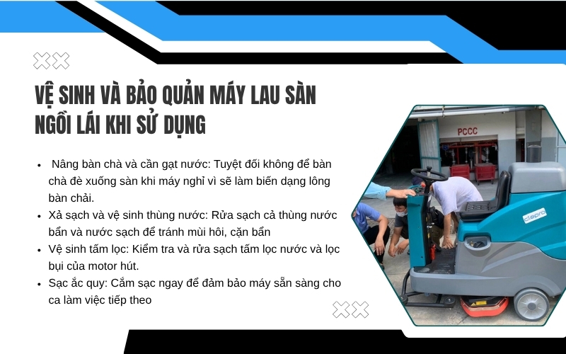 Vệ sinh và bảo quản máy lau sàn ngồi lái khi sử dụng