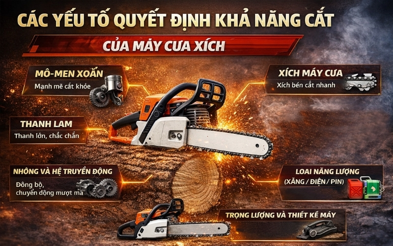 Các yếu tố quyết định khả năng cắt của máy cưa xích