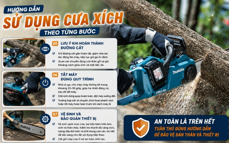 Hướng dẫn sử dụng cưa xích theo từng bước