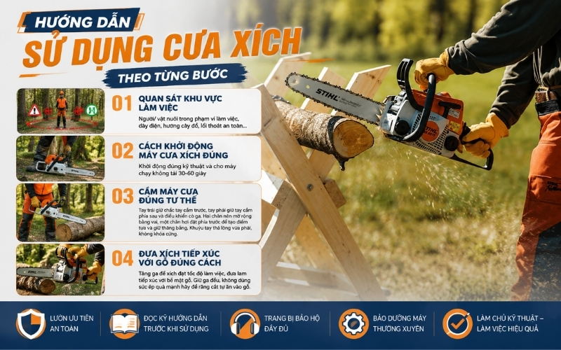 Hướng dẫn sử dụng cưa xích theo từng bước